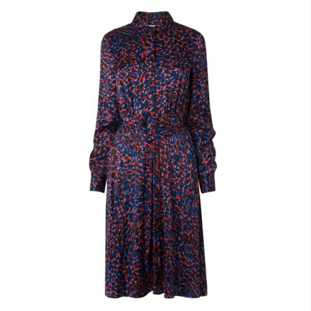 LK Bennett Leopard Celest Long Sleeve Satin Midi Dress Size 4 red blue animal